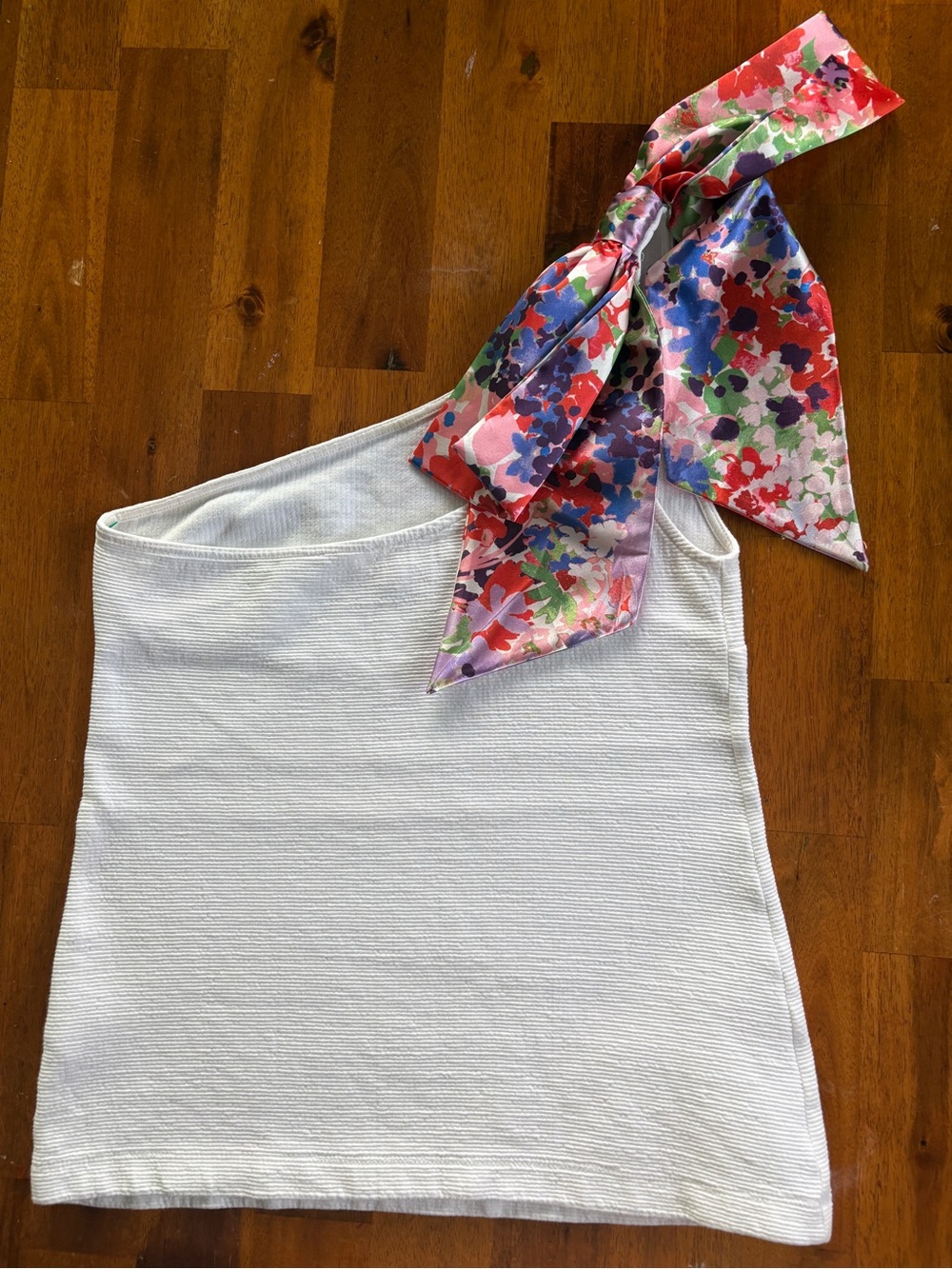 Maeve White One-Shoulder Tank with Floral Tie Accent